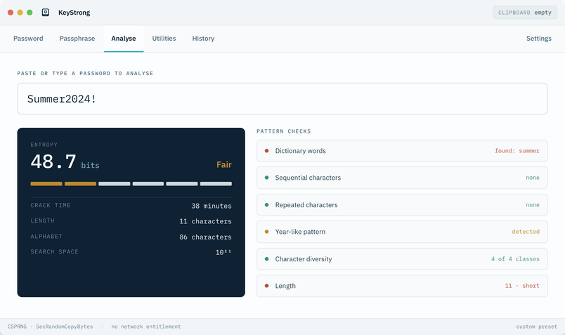 KeyStrong analyse tab breaking down the password Summer2024!