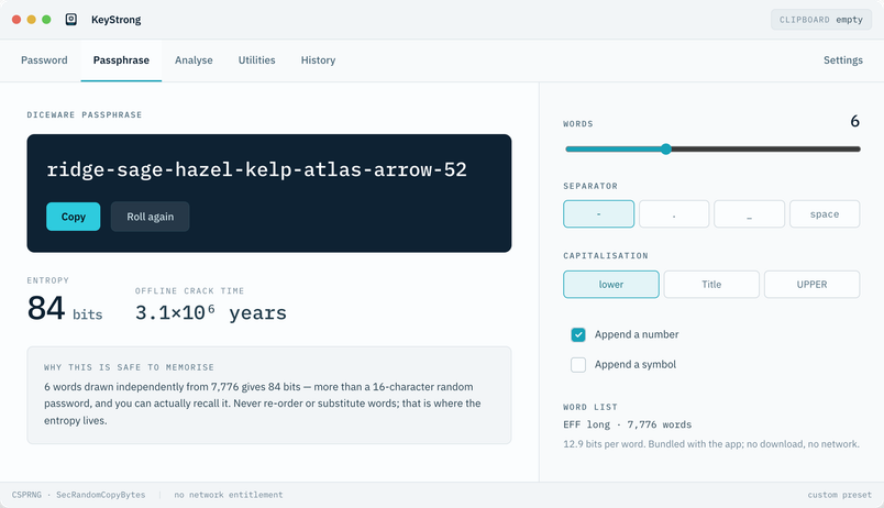 KeyStrong passphrase tab with word count, separator and entropy readout