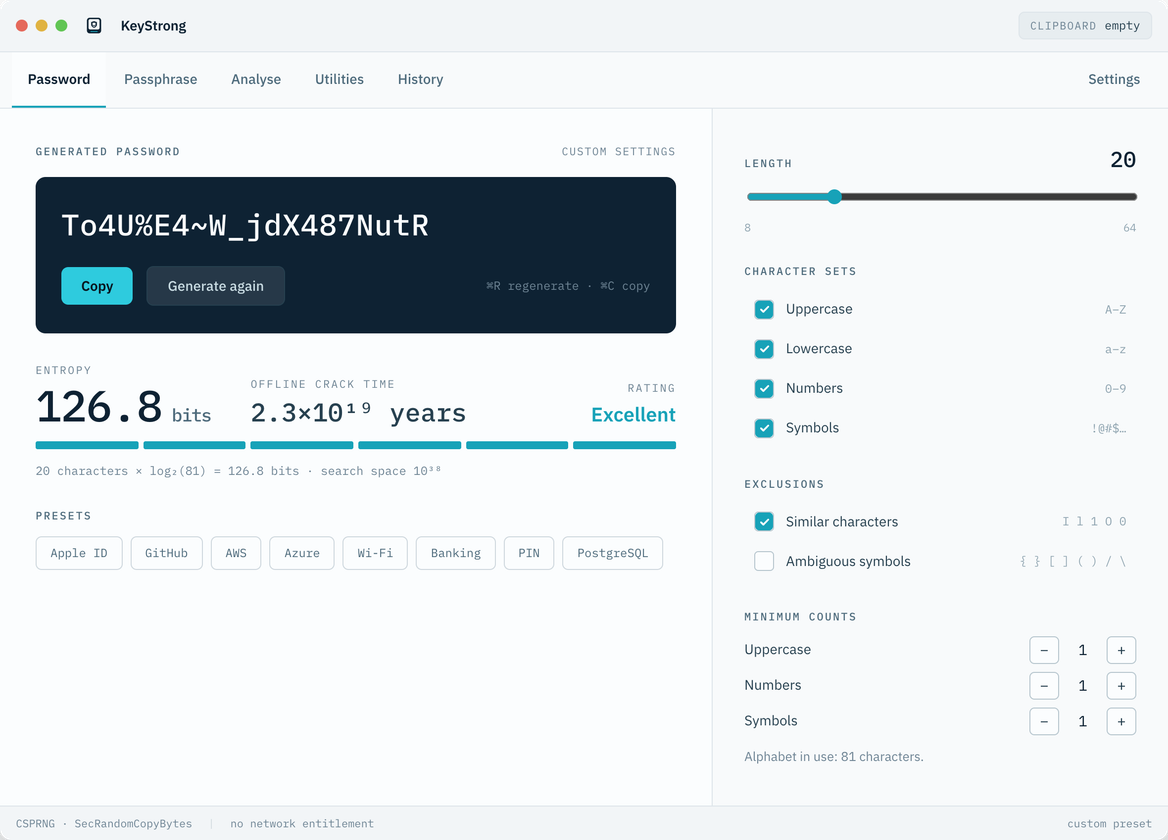 KeyStrong password tab, showing a generated 20-character password with 126.8 bits of entropy