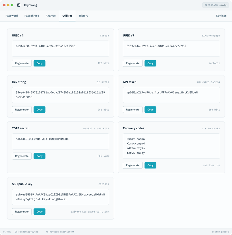 KeyStrong utilities tab showing UUIDs, API tokens, TOTP secrets and SSH keys